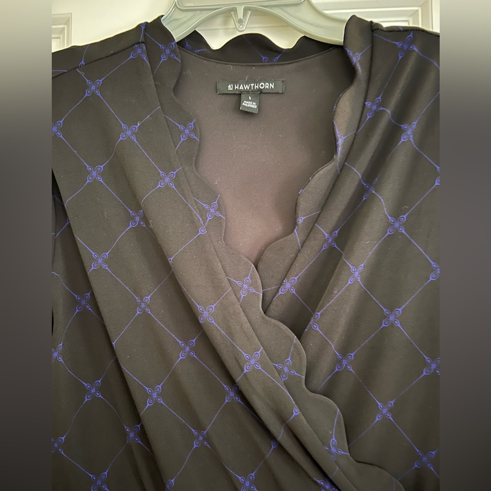 StitchFix Black faux-wrap dress with blue detailing and a great scallop neckline